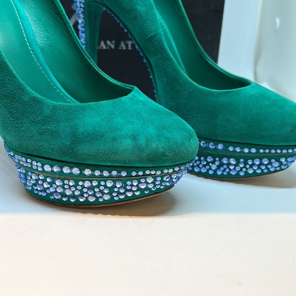 B Brian Atwood green suede Crystal platform pumps - Picture 2 of 5